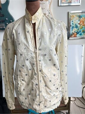 Vintage Cream Polka Dot Bomber Jacket with Zip Closure union label
